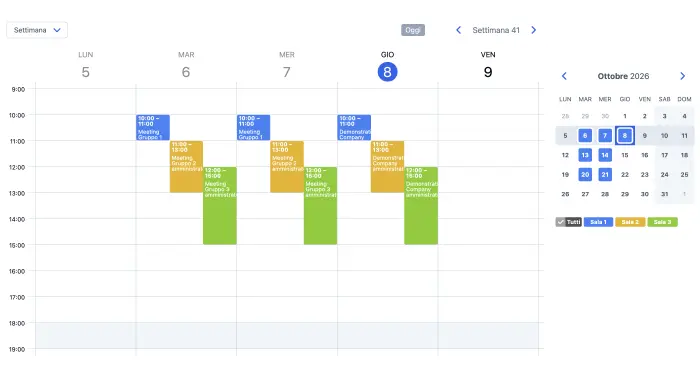 Agenda SuperSaaS in vista settimanale con le prenotazioni di più sale