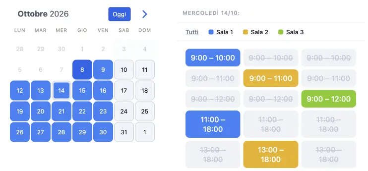Widget di prenotazione SuperSaaS con le fasce orarie disponibili per sala