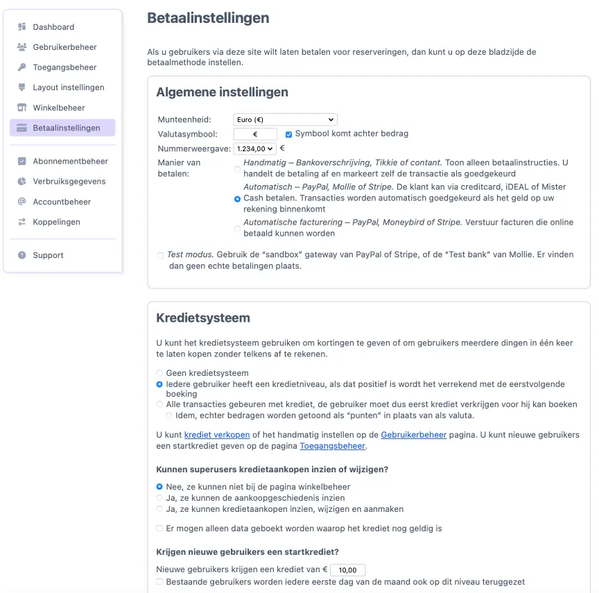 Het kredietsysteem instellen