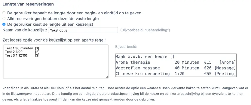Selectielijst met lengte-opties