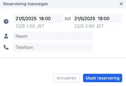Reservering popup met tijdzone en datum