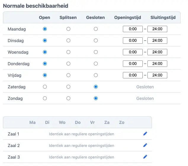 de openingstijden aanpassen