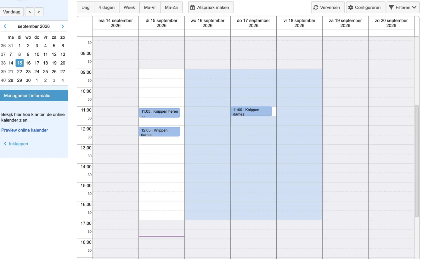 OnlineAfspraken.nl-agenda voor afspraken met medewerkers