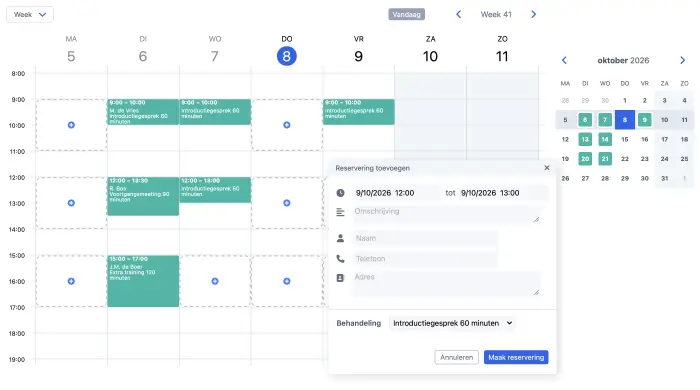 SuperSaaS-agenda voor afspraken in weekweergave met het formulier voor een nieuwe reservering
