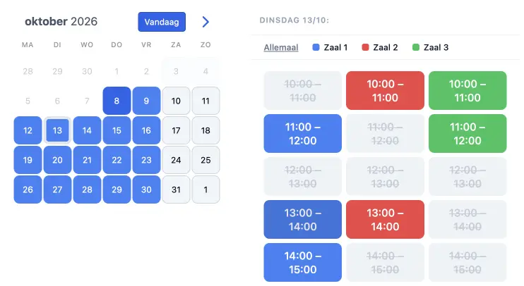 Boekingswidget van SuperSaaS met beschikbare tijdsloten per zaal