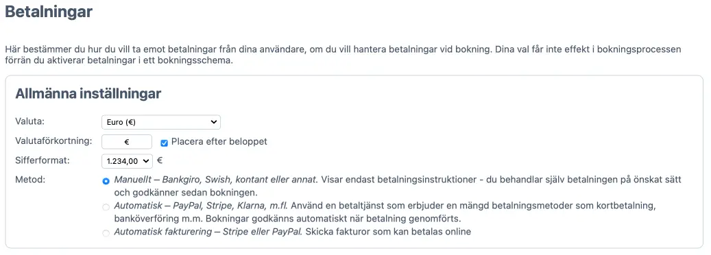 Inställningar för manuella betalningar