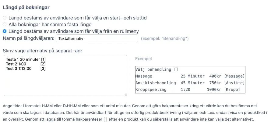 Lista med alternativ för längdväljaren