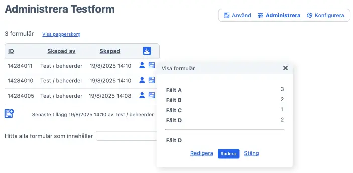 Översikt av inskickade formulär