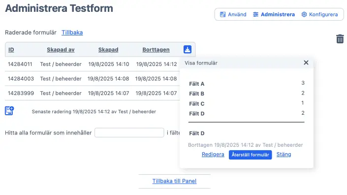 Översikt av formulär i papperskorgen