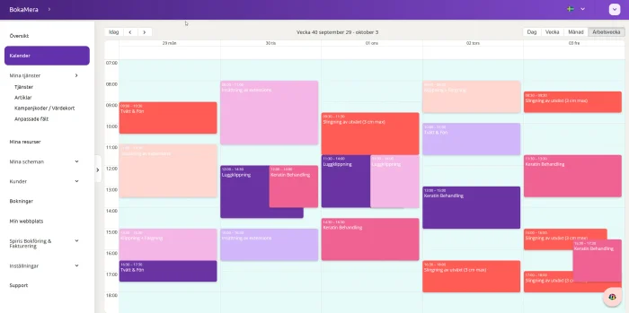 Veckokalender i BokaMera med bokningar för en frisörsalong