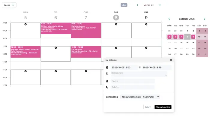 SuperSaaS bokningskalender i veckovy med formuläret för en ny bokning
