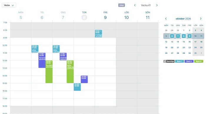 SuperSaaS bokningskalender i veckovy med bokningar för flera rum
