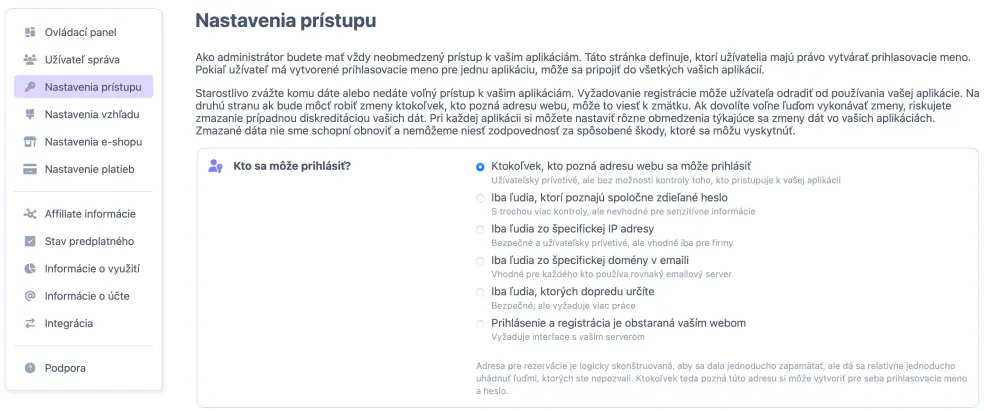 Možnosti nastavenia prístupu