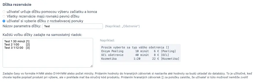 Výberový zoznam s možnosťami pre výber dĺžky