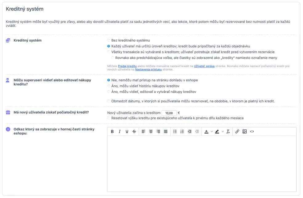 Nastavenie kreditného systému