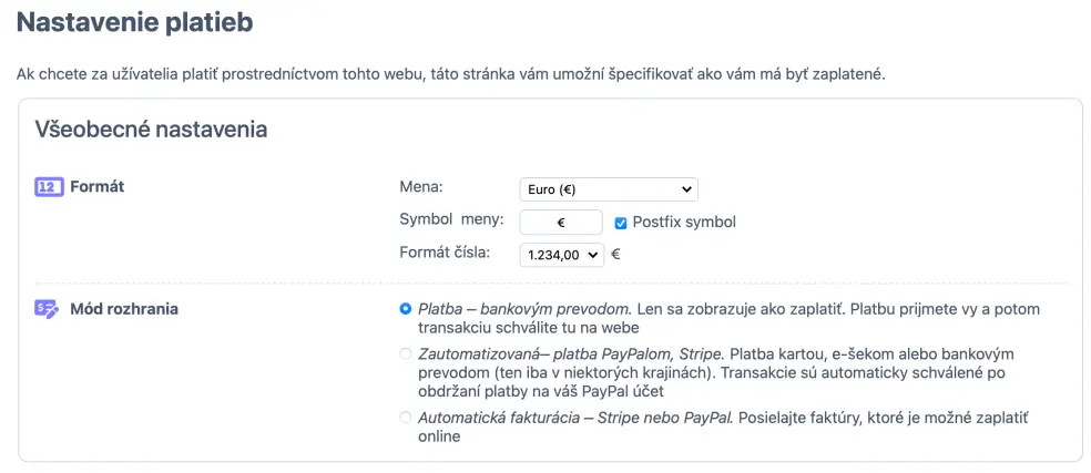 Nastavenie manuálnej platby