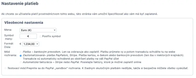 Nastavenia on-line platieb