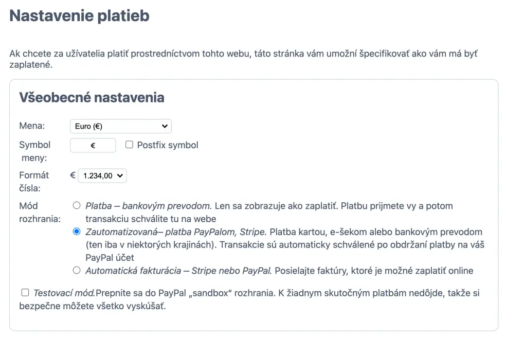 Nastavenia on-line platieb