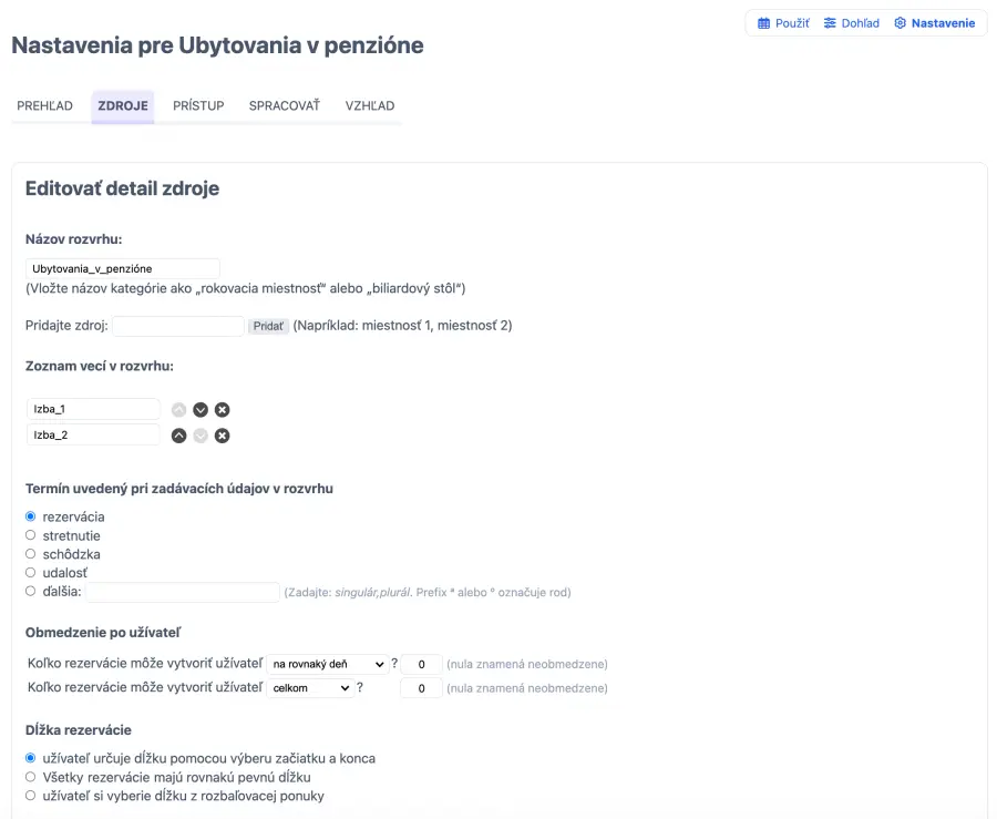 Záložka Správa zdrojov