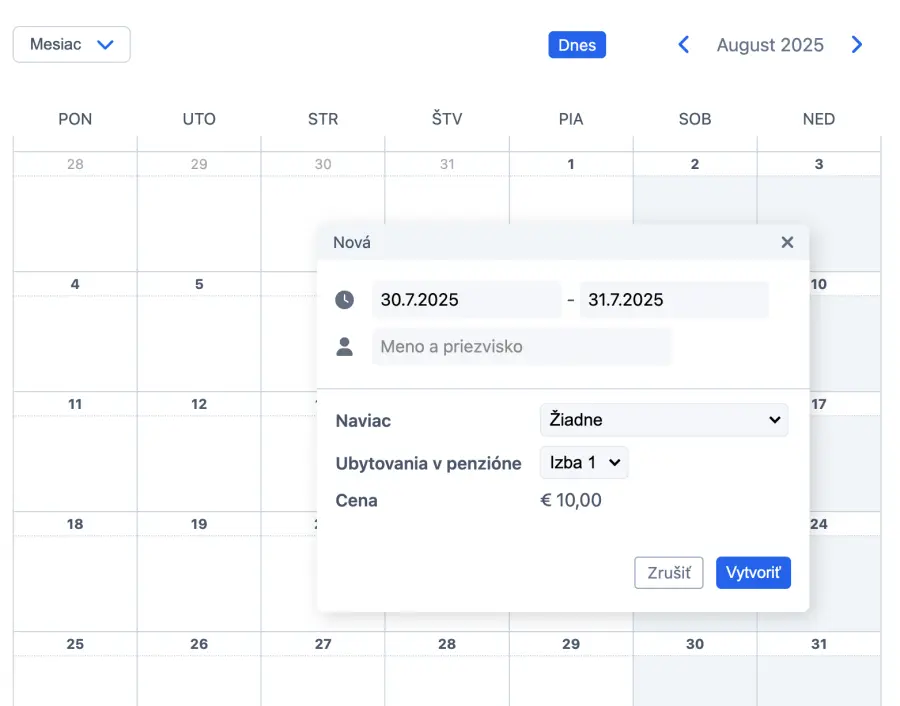 Vytvorenie rezervácie