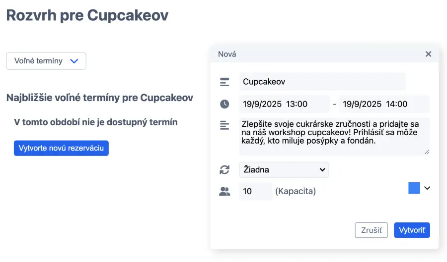 Dialógové okno pridania rozvrhu Cupcake
