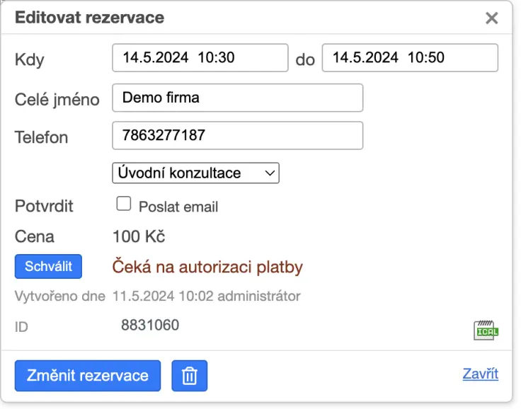 Editace rezervace