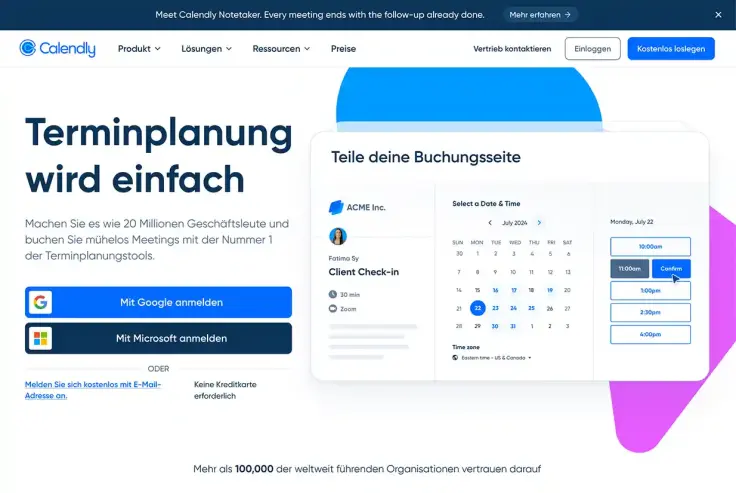 Screenshot Calendly Website Startseite