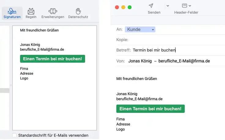 Einen anklickbaren Buchungs-Button in Signatur einfügen.