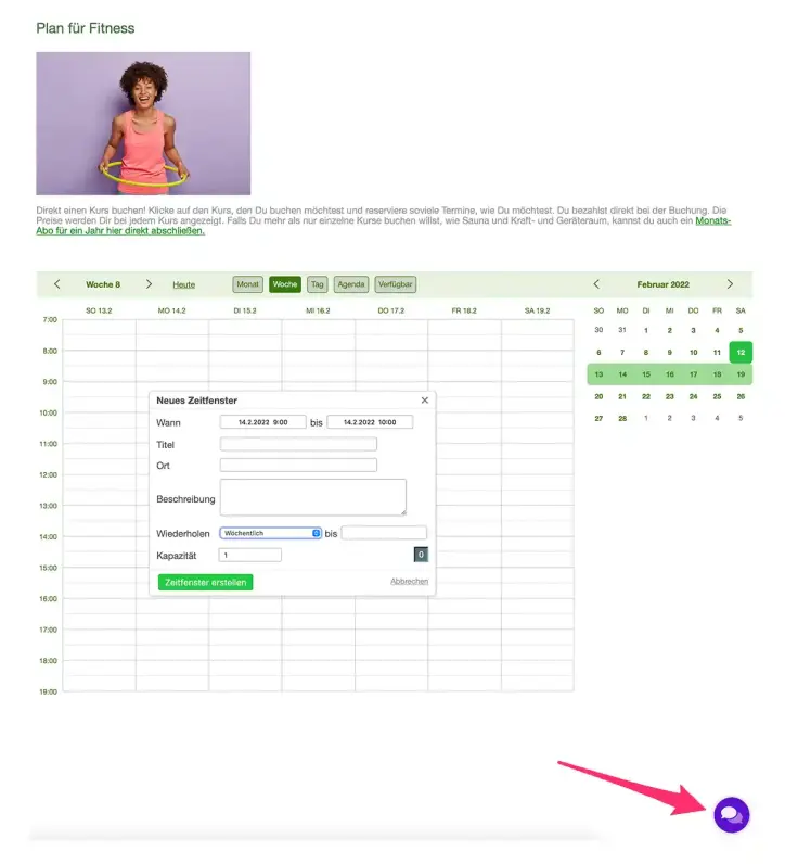 Ein Button für Live Chat auf einem Buchungskalender