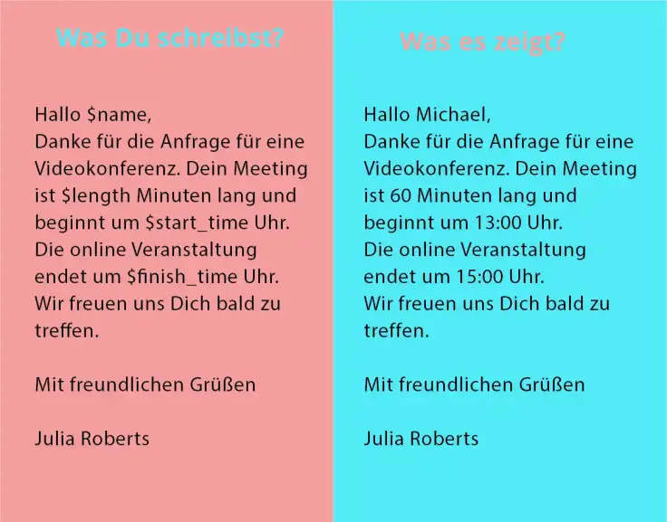 E-Mail zur Terminbuchung mit Name, Dauer, Startzeit und Endzeit des Termins personalisieren