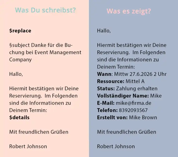 E-Mail zur Terminbuchung ersetzen und neu personalisieren.