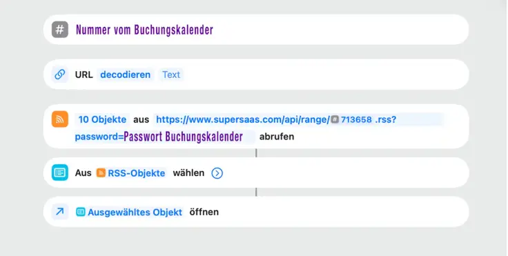 Eingaben Online-Terminbuchungskalender für den Kurzbefehl mit Passwort.