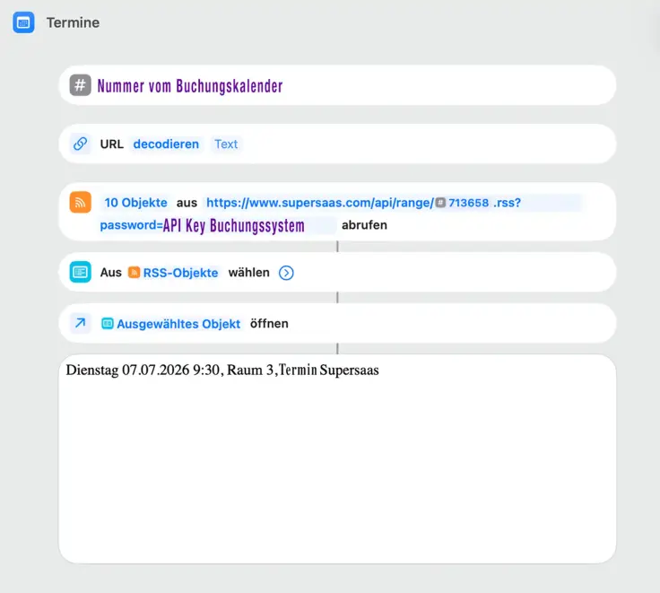 Kurzbefehl zeigt gebuchte Termine aus Online-Terminbuchungskalender.