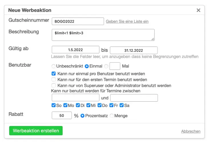 Erstelle ein "Eins kaufen, Zwei erhalten" Gutschein im Online-Terminbuchungssystem mit SuperSaaS