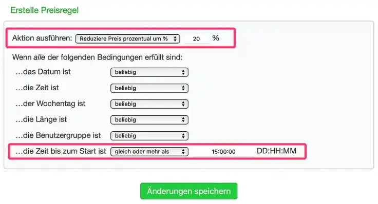 Erstelle Preisregeln, die davon abhängen, wie früh ein Benutzer eine Buchung vornimmt.
