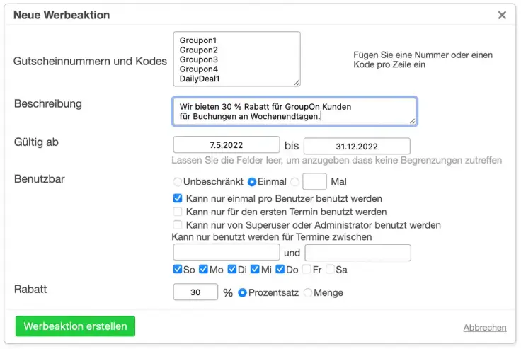 Groupon Gutschein im Online-Terminbuchungssystem erstellen.
