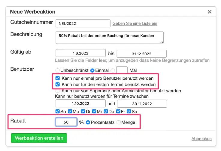 Neue Werbeaktion im Online-Terminbuchungssystem für Neukunden.
