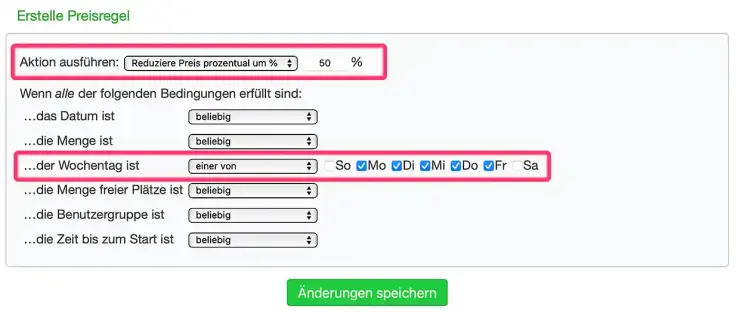 Zeitabhängige Sonderrabatte anlegen im Online-Terminbuchungssystem, wie Preis je Wochentag anpassen.