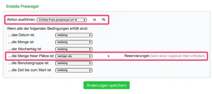 Erstelle Preisregeln auf der Grundlage der Anzahl der verbleibenden freien Plätze, um den Preis bei großer Nachfrage hochzusetzen im Online-Terminbuchungssystem.