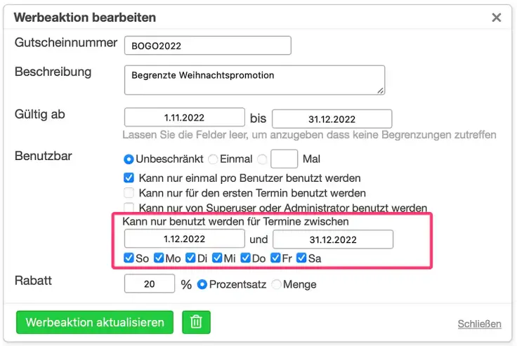 Werbeaktion zu Weihnachten im Online-Terminbuchungssystem von SuperSaaS erstellen.