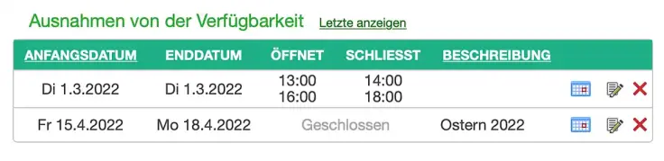 Liste der Schließzeiten im online Terminbuchungskalender bei SuperSaaS