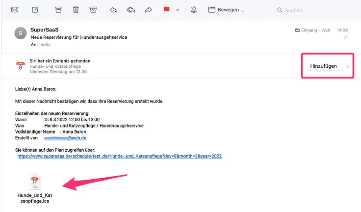 Terminbuchung als Download aus E-Mail in den eigenen Kalender hochladen.