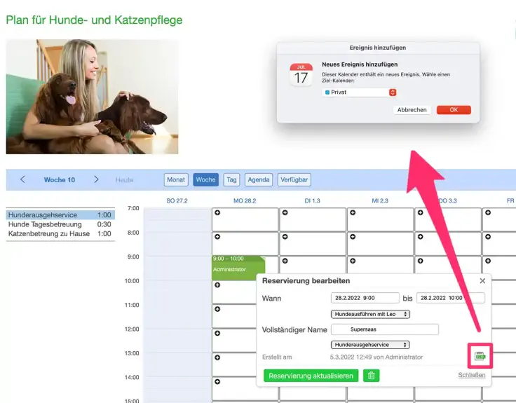 Terminbuchung mit iCal in den privaten Kalender integrieren.