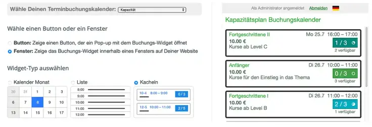 Buchungs-Widget mit Kachel Optik.