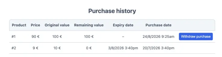 withdrawal button under purchase history