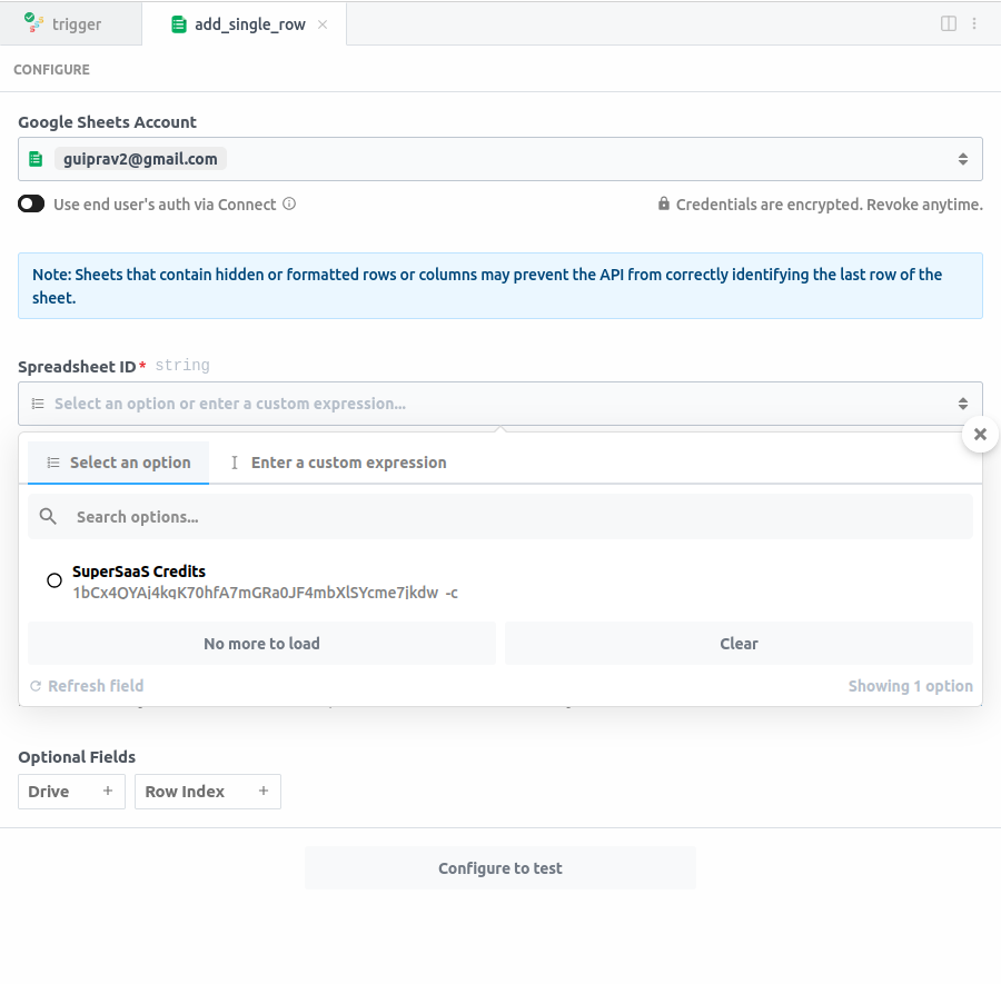 Pipedream Google Sheets dropdown