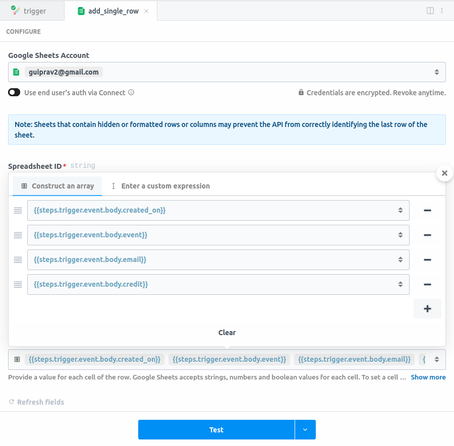 Pipedream Google Sheets column values