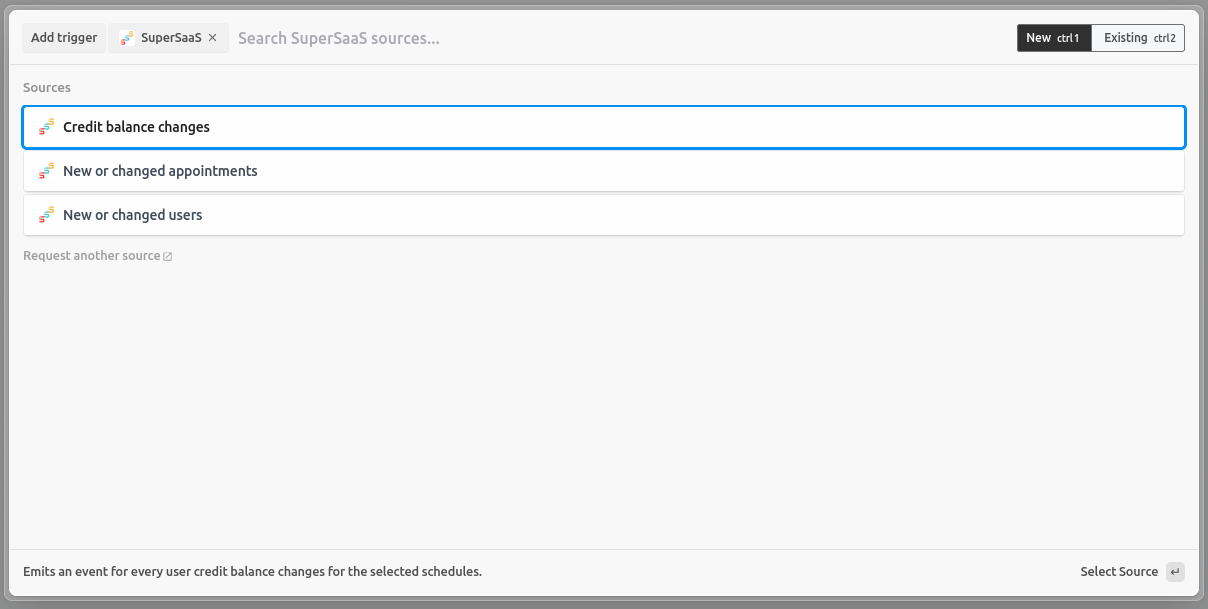 Pipedream’s New Workflow page showing SuperSaaS trigger options