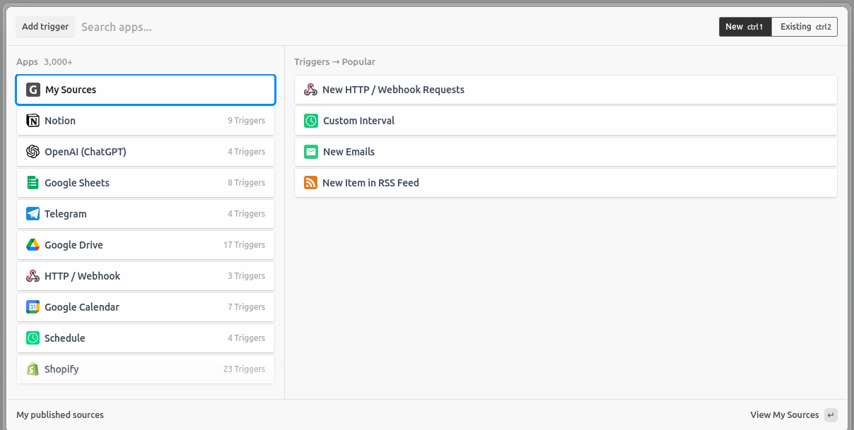 Pipedream screenshot showing the Add Trigger dialog