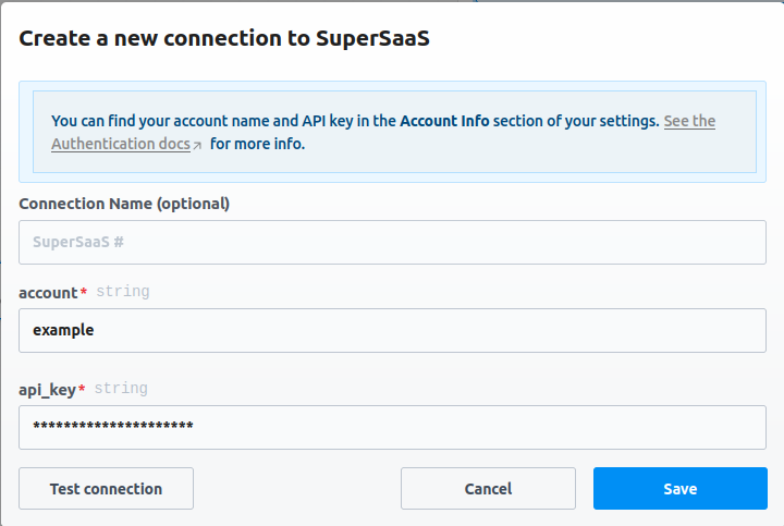 Pipedream dialog screenshot showing a form for the creation of a new connection to an example SuperSaaS account